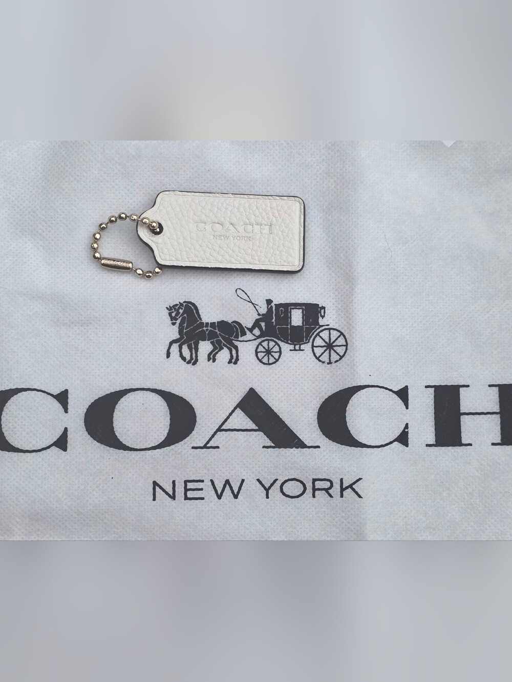 Coach White Pebbled Leather Tag w/ Silver Ball Chain